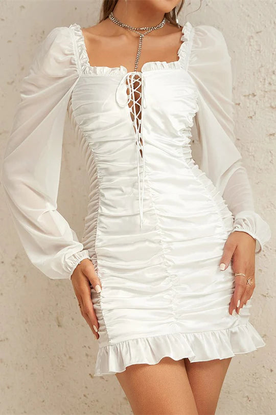 Minivestido de fiesta con volantes, cuello cuadrado y cordones